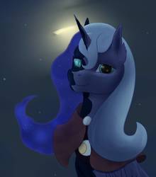 Size: 839x952 | Tagged: safe, artist:aterhut, princess luna, alicorn, pony, g4, duality, ethereal mane, female, looking at you, mare, missing accessory, night, nightmare luna, peytral, s1 luna, smiling, solo, starry mane, stars