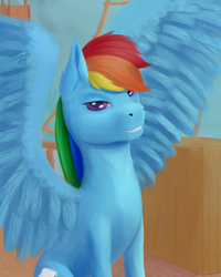 Size: 1600x2000 | Tagged: safe, artist:aterhut, rainbow dash, pegasus, pony, g4, cutie mark, female, lidded eyes, looking at you, mare, sitting, smiling, solo, spread wings, wings