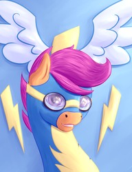 Size: 1000x1300 | Tagged: safe, alternate version, artist:aterhut, scootaloo, pony, g4, bust, clothes, female, goggles, looking at you, mare, older, older scootaloo, smiling, solo, uniform, wonderbolts uniform