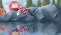 Size: 2000x1179 | Tagged: safe, artist:aterhut, fluttershy, pony, g4, blanket, female, mare, picnic, picnic blanket, pillow, reflection, rock, rock pool, sleeping, solo, water
