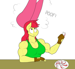 Size: 1280x1185 | Tagged: safe, artist:matchstickman, apple bloom, earth pony, anthro, matchstickman's apple brawn series, tumblr:where the apple blossoms, g4, apple, apple bloom's bow, apple brawn, apple slice, biceps, bow, breasts, busty apple bloom, clothes, comic, deltoids, eating, female, fingerless gloves, food, gloves, growth, hair bow, impossibly large bow, looking up, magic, mare, muscles, older, older apple bloom, onomatopoeia, pecs, simple background, single panel, sleeveless shirt, solo, table, tumblr comic, wat, white background