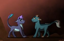 Size: 1280x828 | Tagged: safe, artist:quincydragon, oc, oc only, oc:coxal, oc:theodore, dragonling, pony, female, interspecies offspring, magical gay spawn, male, offspring, parent:garble, parent:pharynx