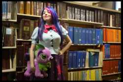 Size: 5184x3456 | Tagged: safe, artist:krazykari, spike, twilight sparkle, dog, human, equestria girls, g4, book, bookshelf, clothes, cosplay, costume, equestria girls outfit, irl, irl human, photo, plushie, spike the dog