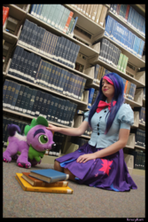 Size: 3456x5184 | Tagged: safe, artist:krazykari, spike, twilight sparkle, dog, human, equestria girls, g4, book, bookshelf, clothes, cosplay, costume, equestria girls outfit, irl, irl human, photo, plushie, spike the dog