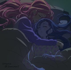 Size: 1058x1034 | Tagged: safe, artist:5mmumm5, sci-twi, sunset shimmer, twilight sparkle, equestria girls, g4, anime, blanket, clothes, duo, duo female, female, lesbian, night, pajamas, ship:sci-twishimmer, ship:sunsetsparkle, shipping, sleeping, sleeping together