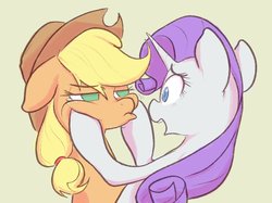 Size: 2048x1534 | Tagged: safe, artist:noupu, applejack, rarity, earth pony, pony, unicorn, g4, applejack's hat, cowboy hat, crying, duo, eye contact, female, hat, hooves on cheeks, looking at each other, mare, simple background, unamused
