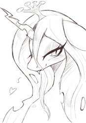 Size: 1431x2048 | Tagged: safe, artist:91o42, queen chrysalis, changeling, changeling queen, g4, bedroom eyes, black and white, bust, female, floating heart, grayscale, heart, monochrome, portrait, simple background, tongue out, white background