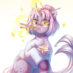 Size: 2100x2100 | Tagged: safe, artist:fenwaru, pony, unicorn, chinese, clothes, curved horn, ear fluff, ear piercing, earring, eating, food, freckles, glasses, hair bun, high res, horn, horn ring, jewelry, levitation, magic, noodles, piercing, sparkles, telekinesis