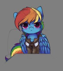 Size: 1072x1207 | Tagged: safe, artist:hitbass, rainbow dash, pegasus, pony, blushing, clothes, female, goggles, jacket, sketch, solo