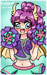 Size: 751x1196 | Tagged: safe, artist:penguin?, smolder, human, 2 4 6 greaaat, g4, belly button, cheerleader, cheerleader outfit, cheerleader smolder, clothes, cute, female, horn, horned humanization, humanized, pom pom, smolderbetes, solo, winged humanization, wings