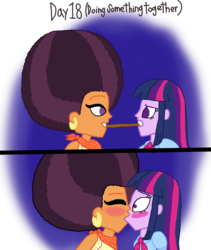 Size: 3000x3556 | Tagged: safe, artist:bigpurplemuppet99, saffron masala, twilight sparkle, equestria girls, g4, 18, 30 day otp challenge, afro, blushing, comic, equestria girls-ified, female, food, high res, kissing, lesbian, pocky, pocky game, shipping, twiffron
