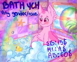 Size: 680x544 | Tagged: safe, artist:winterkitter, oc, oc only, earth pony, pegasus, pony, unicorn, any gender, any species, bath, bathtub, bubble, commission, cute, pastel, rainbow, rubber duck, solo, your character here