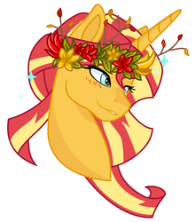Size: 1071x1218 | Tagged: safe, artist:wynterstar93, sunset shimmer, pony, unicorn, g4, blushing, bust, female, floral head wreath, flower, flower in hair, leaf, mare, portrait, simple background, smiling, solo, white background
