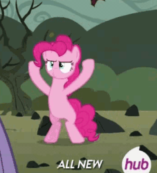 Size: 344x379 | Tagged: safe, screencap, pinkie pie, earth pony, pony, g4, maud pie (episode), season 4, all new, animated, bipedal, confetti, cropped, female, girly, hub logo, majestic, mare, pinkie being pinkie, text, twirling