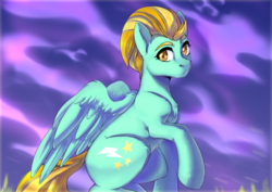 Size: 3508x2480 | Tagged: safe, artist:tigra0118, lightning dust, pegasus, pony, g4, female, full body, high res, looking at you, sky, solo