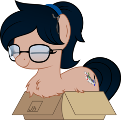 Size: 1024x1012 | Tagged: safe, artist:jhayarr23, oc, oc only, oc:crescend cinnamon, earth pony, pony, behaving like a cat, box, chest fluff, cute, eyes closed, female, glasses, if i fits i sits, mare, ocbetes, ponytail, prone, simple background, solo, transparent background, vector