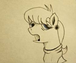 Size: 974x820 | Tagged: safe, artist:polar_storm, ms. harshwhinny, earth pony, pony, g4, clothes, female, mare, scarf, simple background, sketch, solo, traditional art