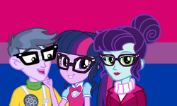 Size: 800x480 | Tagged: safe, artist:3d4d, micro chips, rosette nebula, sci-twi, twilight sparkle, equestria girls, g4, bisexual, bisexual pride flag, crack shipping, female, glasses, hair bun, lesbian, male, microlight, pride, shipping, straight, twibula, twinebula