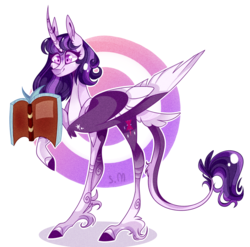 Size: 1914x1894 | Tagged: safe, artist:manella-art, twilight sparkle, alicorn, classical unicorn, pony, unicorn, g4, abstract background, alternate design, book, cloven hooves, curved horn, female, horn, leonine tail, solo, twilight sparkle (alicorn), unshorn fetlocks