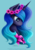 Size: 3507x4960 | Tagged: safe, artist:victoria-luna, princess luna, alicorn, pony, g4, blue background, bust, cute, ear fluff, female, floral head wreath, floral necklace, flower, flower in hair, lunabetes, mare, portrait, profile, simple background, smiling, solo