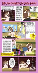 Size: 2512x4776 | Tagged: safe, artist:succubi samus, derpy hooves, oc, oc only, oc:moon pearl, oc:rella, oc:trash, pegasus, pony, advertisement, bandana, bookshelf, chair, clothes, comic, cross-popping veins, debris, desk, dust, escii keyboard, explanation, eyes closed, floppy ears, gendo pose, help me, library, messy mane, panel, paper, show accurate, spider web, typewriter, wing hands, wings