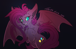 Size: 1200x779 | Tagged: safe, artist:foldeath, pinkie pie, bat pony, pony, g4, bat ponified, black background, fangs, female, looking at you, mare, race swap, simple background, slit pupils, solo
