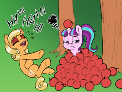 Size: 1931x1459 | Tagged: safe, artist:soulcentinel, applejack, starlight glimmer, earth pony, pony, unicorn, fanfic:twin fates, g4, alternate cutie mark, alternate hairstyle, alternate universe, annoyed, apple, cute, cutie mark, food, funny, horn, horn guard, horn impalement, laughing, ponytail, silly
