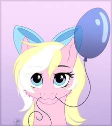 Size: 2857x3205 | Tagged: safe, artist:starshade, oc, oc only, oc:bay breeze, pegasus, pony, balloon, bow, bust, female, gift art, gradient background, high res, looking at you, mare, mouth hold, portrait, smiling, solo