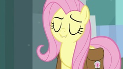 Size: 1920x1080 | Tagged: safe, screencap, fluttershy, pegasus, pony, daring doubt, g4, eyes closed, female, grin, mare, saddle bag, smiling, solo