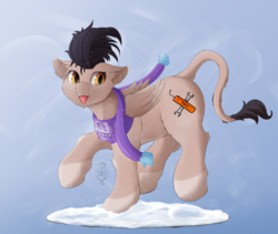 Size: 4350x3673 | Tagged: safe, artist:batsdisaster, oc, oc only, bat pony, pegasus, pony, bat ponified, clothes, female, mare, race swap, scarf, snow, solo, tongue out, wings