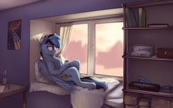 Size: 4000x2500 | Tagged: safe, artist:toanderic, oc, oc only, oc:icylightning, cat, pegasus, pony, bed, bedroom, blanket, blueprint, book, boxes, coffee, cup, curtains, female, hoof hold, mare, picture, poster, rocket, shelves, solo, sunrise, table, unshorn fetlocks, window, windowsill