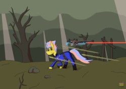 Size: 1280x903 | Tagged: safe, artist:vol_audacity, oc, oc only, oc:full fury, pony, unicorn, fallout equestria, bullet, cel shading, clothes, dead tree, energy weapon, glowing horn, gun, hooves, horn, jumpsuit, laser, laser rifle, laser sniper rifle, levitation, magic, magical energy weapon, optical sight, rifle, shading, sniper rifle, solo, telekinesis, tree, wasteland, weapon