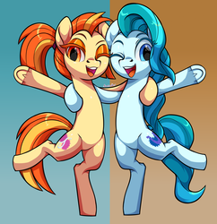 Size: 3792x3912 | Tagged: safe, artist:moonseeker, lighthoof, shimmy shake, earth pony, pony, 2 4 6 greaaat, g4, bipedal, cute, duo, duo female, female, high res, looking at you, one eye closed, smiling, standing, wink