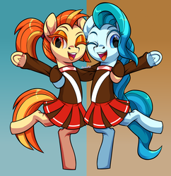 Size: 3792x3912 | Tagged: safe, alternate version, artist:moonseeker, lighthoof, shimmy shake, earth pony, pony, 2 4 6 greaaat, g4, cheerleader, cheerleader outfit, clothes, cute, duo, duo female, female, high res, looking at you, one eye closed, open mouth, pleated skirt, ponytail, school uniform, schoolgirl, skirt, smiling, standing, underhoof, wink