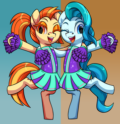 Size: 3792x3912 | Tagged: safe, alternate version, artist:moonseeker, lighthoof, shimmy shake, earth pony, pony, 2 4 6 greaaat, g4, cheerleader, cheerleader outfit, clothes, cute, duo, duo female, female, high res, looking at you, one eye closed, pleated skirt, pom pom, ponytail, skirt, smiling, standing, wink