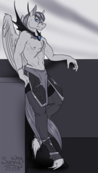 Size: 1000x1756 | Tagged: safe, artist:sunny way, oc, oc only, oc:rally flag, pegasus, anthro, rcf community, clothes, feather, guard, male, nightmare, nudity, partial nudity, patreon, patreon reward, scar, solo, stallion, topless, torso, wings