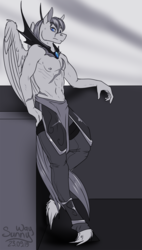 Size: 1000x1756 | Tagged: safe, artist:sunny way, oc, oc only, oc:rally flag, pegasus, anthro, rcf community, clothes, feather, guard, male, nightmare, nudity, partial nudity, patreon, patreon reward, scar, solo, topless, torso, wings