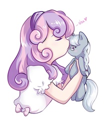 Size: 907x1060 | Tagged: safe, artist:autumn rush, silver spoon, sweetie belle, human, pony, g4, bow, cute, female, humanized, kissing, lesbian, nose kiss, plushie, pony plushie, ship:silverbelle, shipping, silverbetes, solo