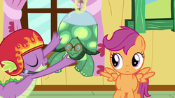 Size: 1280x720 | Tagged: safe, screencap, scootaloo, spike, tank, dragon, pegasus, pony, tortoise, g4, just for sidekicks, clubhouse, crusaders clubhouse, female, filly, helmet, male