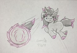 Size: 2216x1536 | Tagged: safe, artist:gamerblitz77, oleander (tfh), pony, unicorn, them's fightin' herds, ball, balleander, community related, crossover, female, homing attack, jumping, levitation, magic, male, mare, motion lines, rolling, self-levitation, solo, sonic the hedgehog, sonic the hedgehog (series), spin dash, telekinesis, traditional art