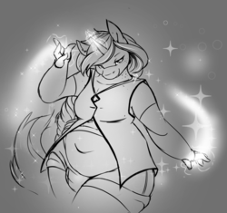 Size: 970x912 | Tagged: safe, artist:lapinousmalice, oc, oc only, unicorn, anthro, bhm, chubby, clothes, curvy, femboy, freckles, glowing hands, glowing horn, grayscale, horn, male, monochrome, moobs, pants, plump, solo, unicorn oc