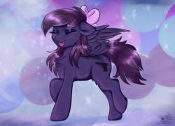 Size: 3000x2160 | Tagged: safe, artist:lakunae, oc, oc only, oc:pestyskillengton, pegasus, pony, abstract background, blushing, bow, chest fluff, cute, eyes closed, female, high res, mare, smiling, solo, stars