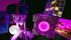 Size: 1920x1080 | Tagged: safe, artist:russianguyt, sci-twi, twilight sparkle, equestria girls, g4, 3d, companion cube, cube, female, gmod, moon, portal (valve), poster, remake, solo