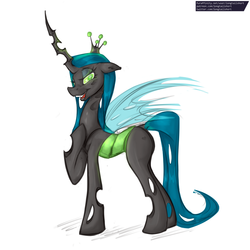 Size: 1024x1024 | Tagged: source needed, safe, artist:longtailshort, queen chrysalis, changeling, changeling queen, g4, bugbutt, butt, chrysalass, crown, female, jewelry, looking at you, looking sideways, regalia, simple background, solo, white background
