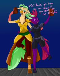 Size: 3512x4512 | Tagged: safe, alternate version, artist:foylertf, captain celaeno, tempest shadow, parrot pirates, anthro, g4, my little pony: the movie, breasts, broken horn, busty tempest shadow, clothes, drunk, eye scar, eyes closed, horn, pirate, scar, song reference, text