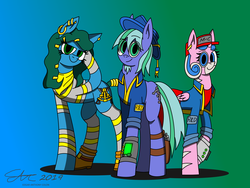 Size: 2560x1920 | Tagged: safe, artist:derpanater, oc, oc only, oc:harp melody, oc:slowtrot, oc:star charter, earth pony, pony, fallout equestria, beard, boots, clothes, facial hair, gradient background, hat, jumpsuit, piercing, pipbuck, scarf, shoes, smiling, socks, vault suit