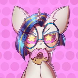 Size: 2000x2000 | Tagged: safe, artist:klooda, oc, oc only, oc:novella, pony, unicorn, abstract background, blushing, colored, donut, dots, eating, eye clipping through hair, eyelashes, fangs, female, flat colors, food, glasses, mare, nom, owo, smiling, solo, starry eyes, wingding eyes, ych result