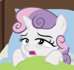 Size: 296x281 | Tagged: safe, screencap, sweetie belle, pony, unicorn, g4, growing up is hard to do, bed, being big is all it takes, blanket, cropped, female, pillow, solo, tired