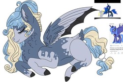 Size: 720x483 | Tagged: safe, artist:thewolfonthemoon, derpy hooves, princess luna, oc, oc:dreaming bubbles, pegasus, pony, g4, blank flank, chest fluff, female, hybrid wings, magical lesbian spawn, mare, offspring, parent:derpy hooves, parent:princess luna, parents:lunaderp, s1 luna, simple background, white background, wings