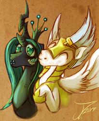 Size: 862x1050 | Tagged: safe, artist:jamescorck, queen chrysalis, changeling, changeling queen, pegasus, pony, g4, armor, crack shipping, cute, cutealis, female, green eyes, guardalis, heart eyes, helmet, kissing, royal guard, shipping, wingding eyes